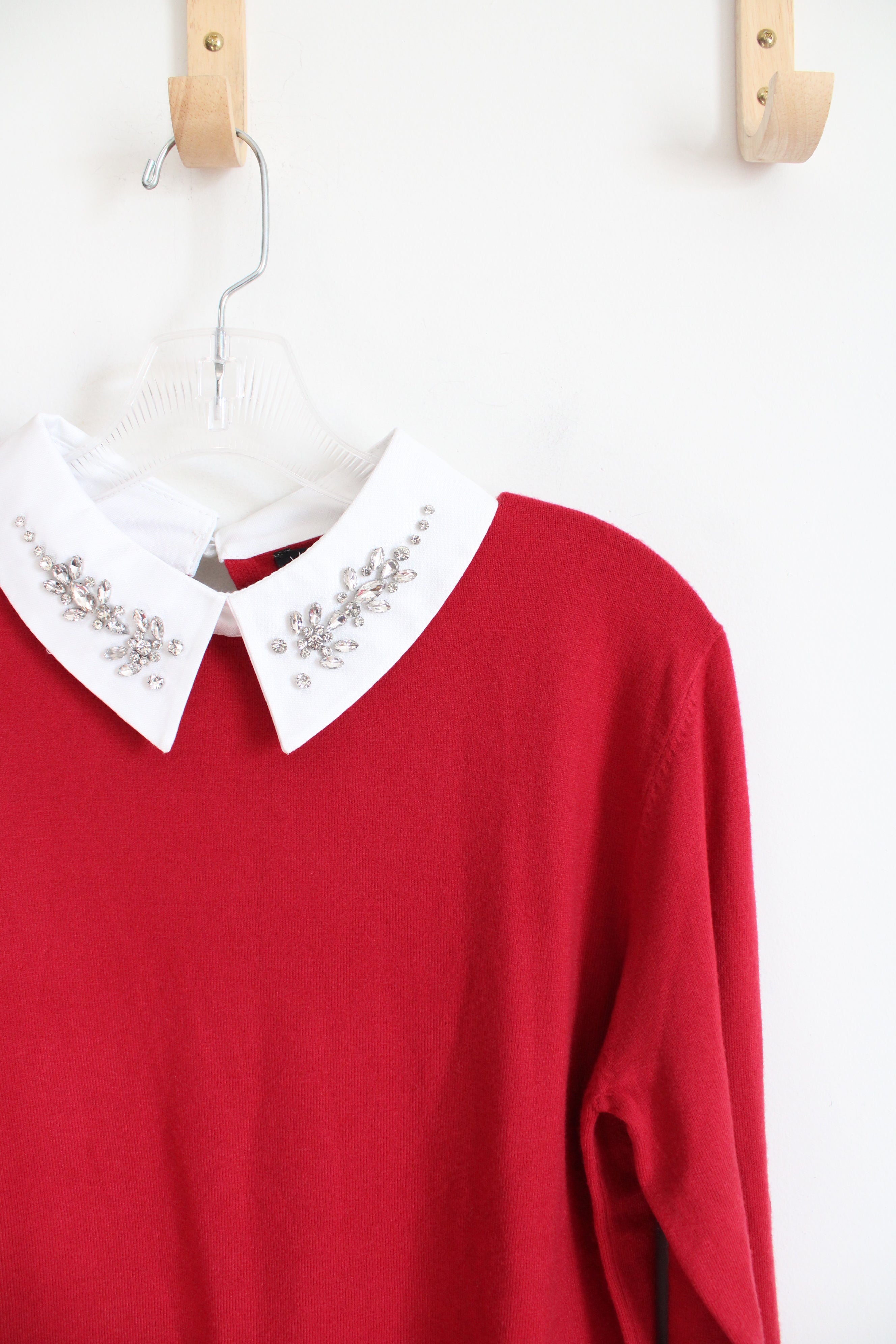 NEW Vila Milano White Rhinestone Collared Red Sweater | L