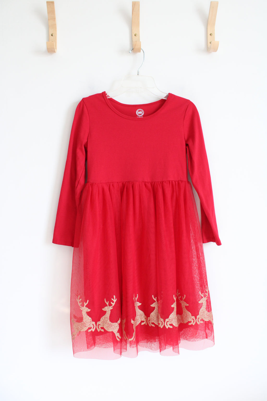 Wonder Nation Red Gold Shimmer Reindeer Tulle Long Sleeved Dress | Youth L (10/12)