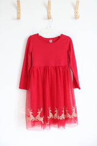 Wonder Nation Red Gold Shimmer Reindeer Tulle Long Sleeved Dress | Youth L (10/12)