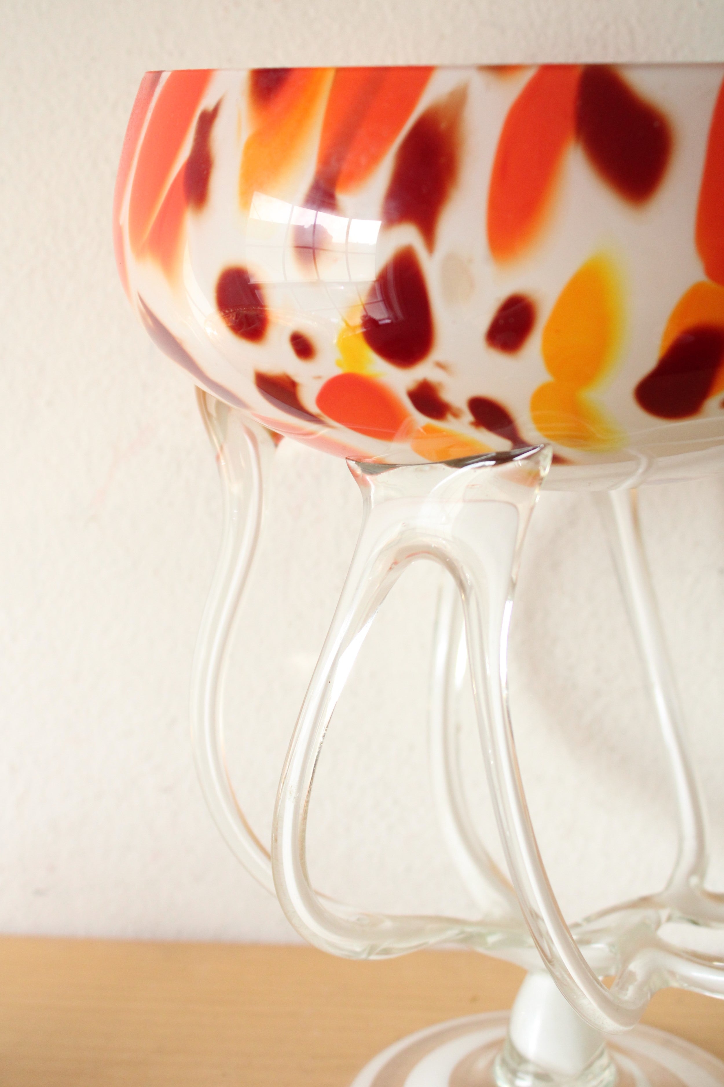 Orange White Brown Speckled Blown Glass Pedestal Dish