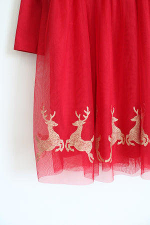 Wonder Nation Red Gold Shimmer Reindeer Tulle Long Sleeved Dress | Youth L (10/12)