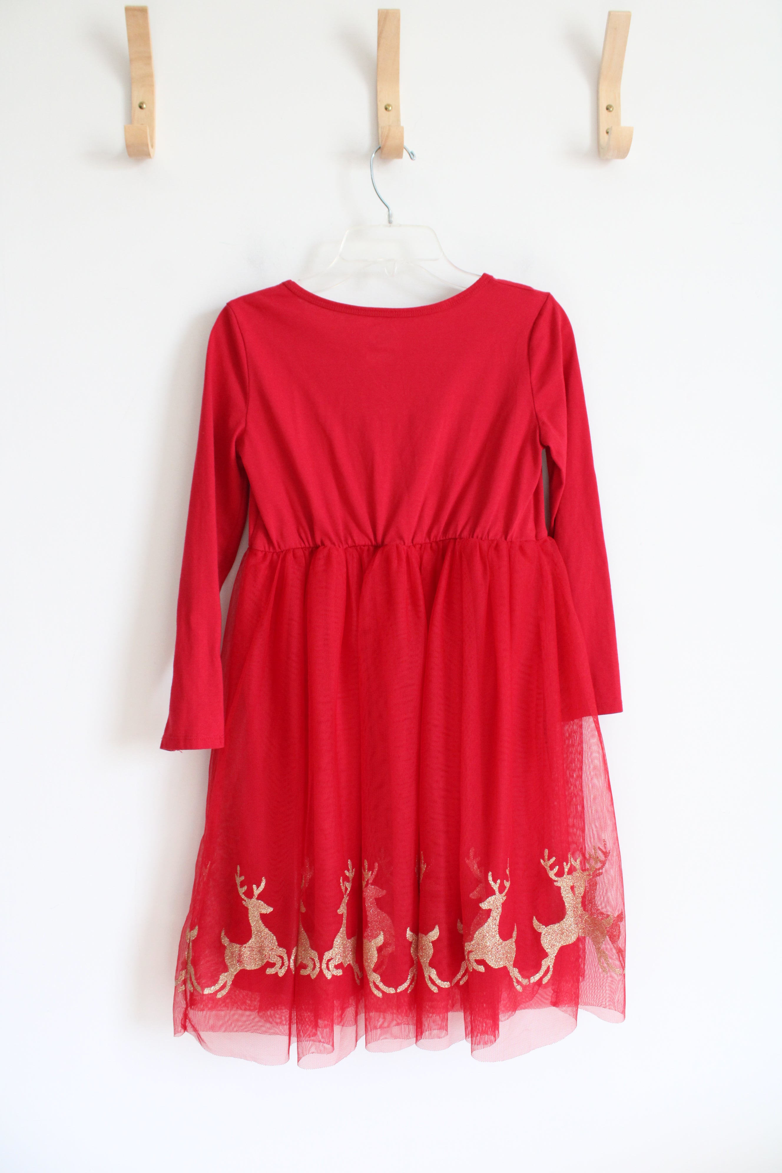 Wonder Nation Red Gold Shimmer Reindeer Tulle Long Sleeved Dress | Youth L (10/12)