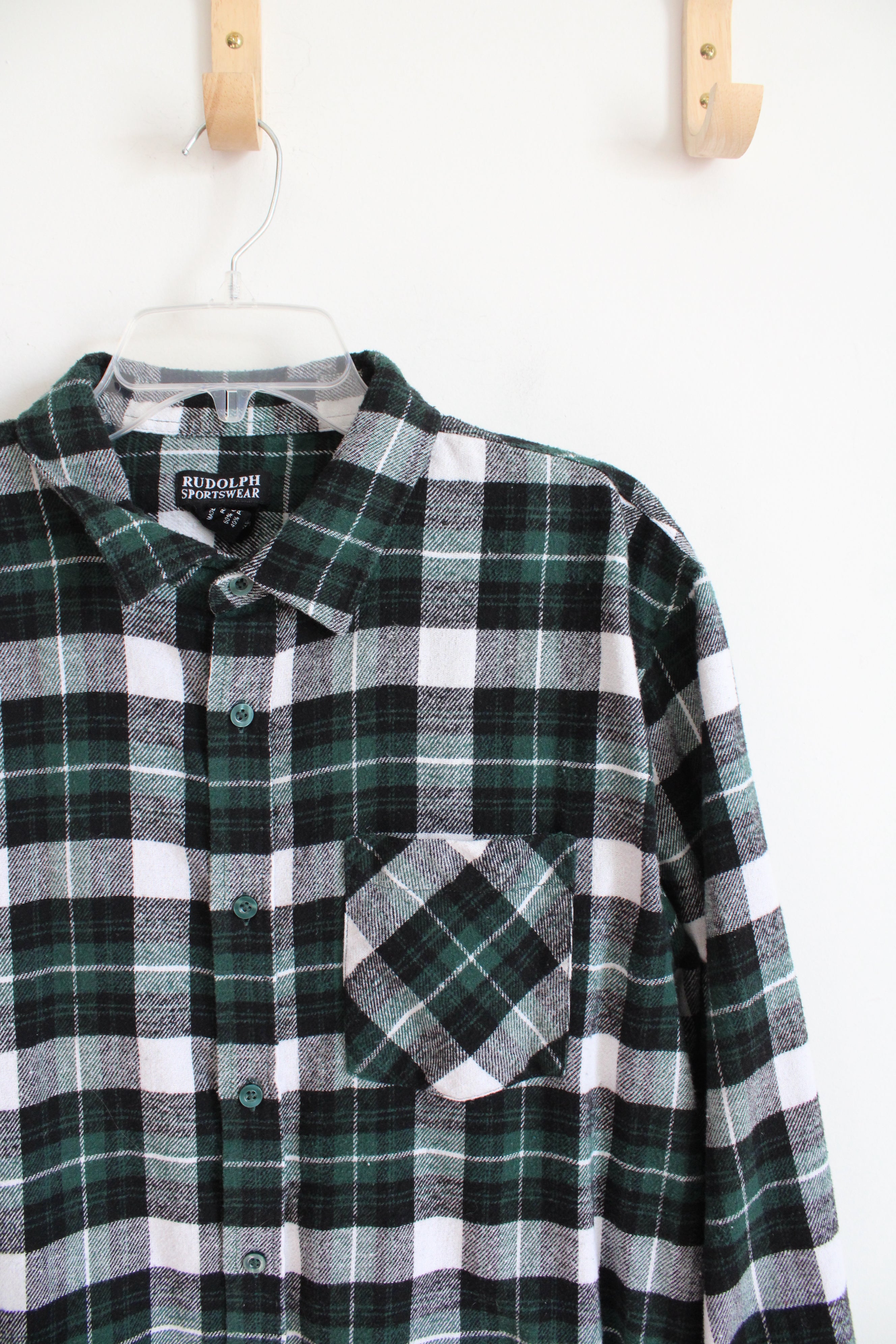 Rudolph Sportswear Green Black White Plaid Button Down Flannel | XL