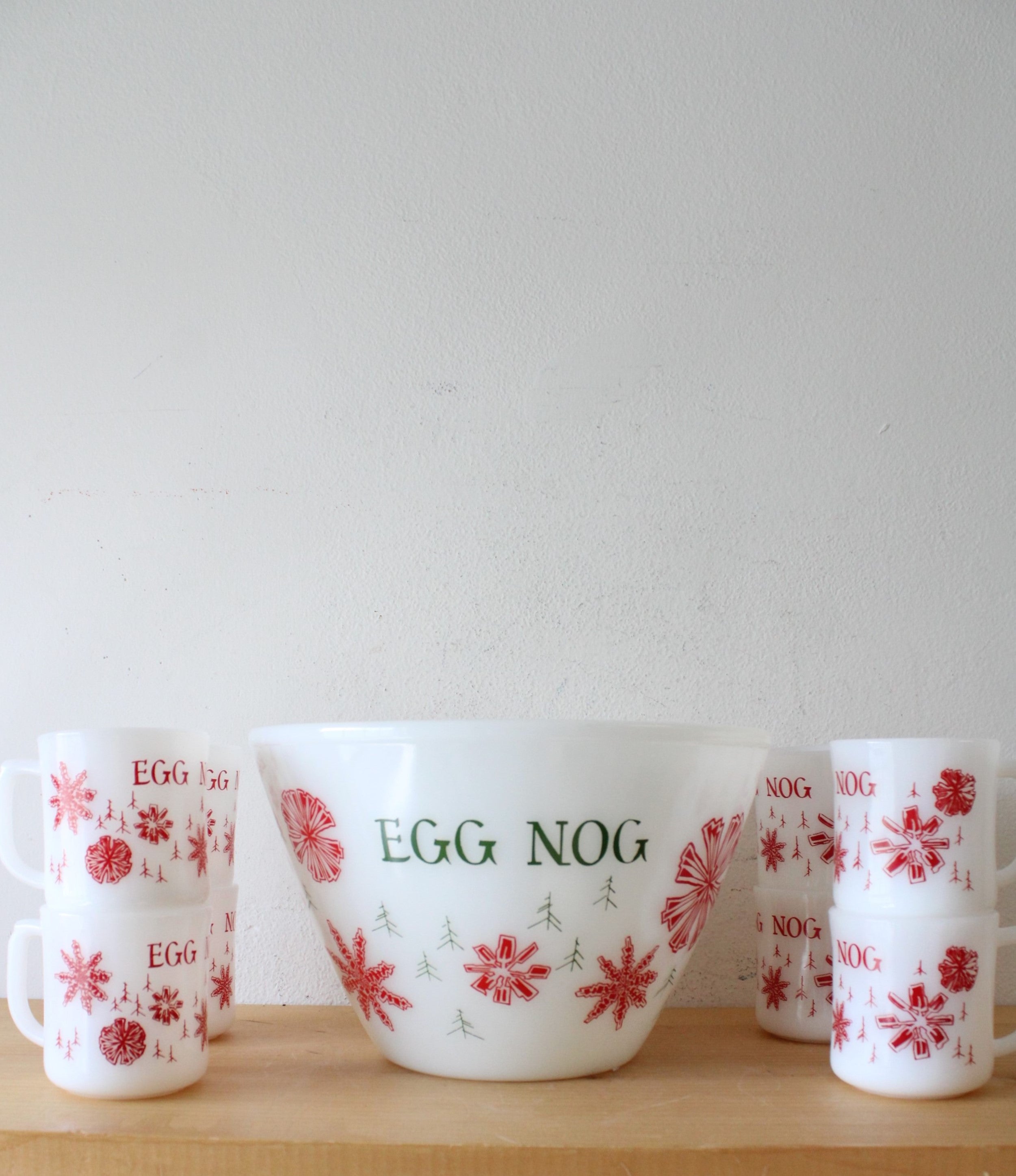 Vintage Fire-King Milk White Glass Red Snowflake Egg Nog Large Bowl & 8 Mug Set