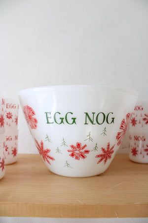 Vintage Fire-King Milk White Glass Red Snowflake Egg Nog Large Bowl & 8 Mug Set