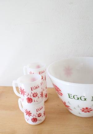 Vintage Fire-King Milk White Glass Red Snowflake Egg Nog Large Bowl & 8 Mug Set