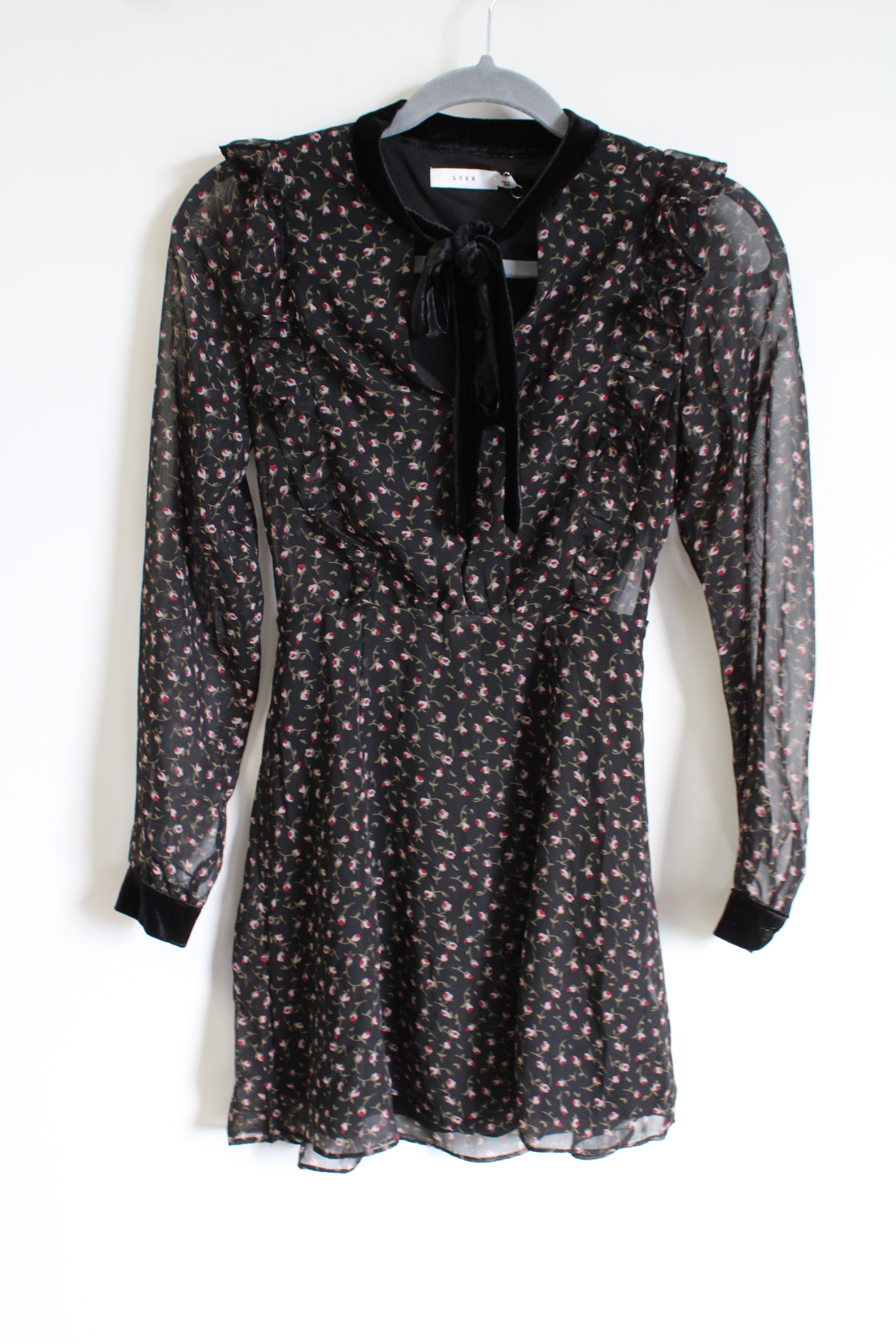 Lush Black Floral Chiffon Mini Dress | XS