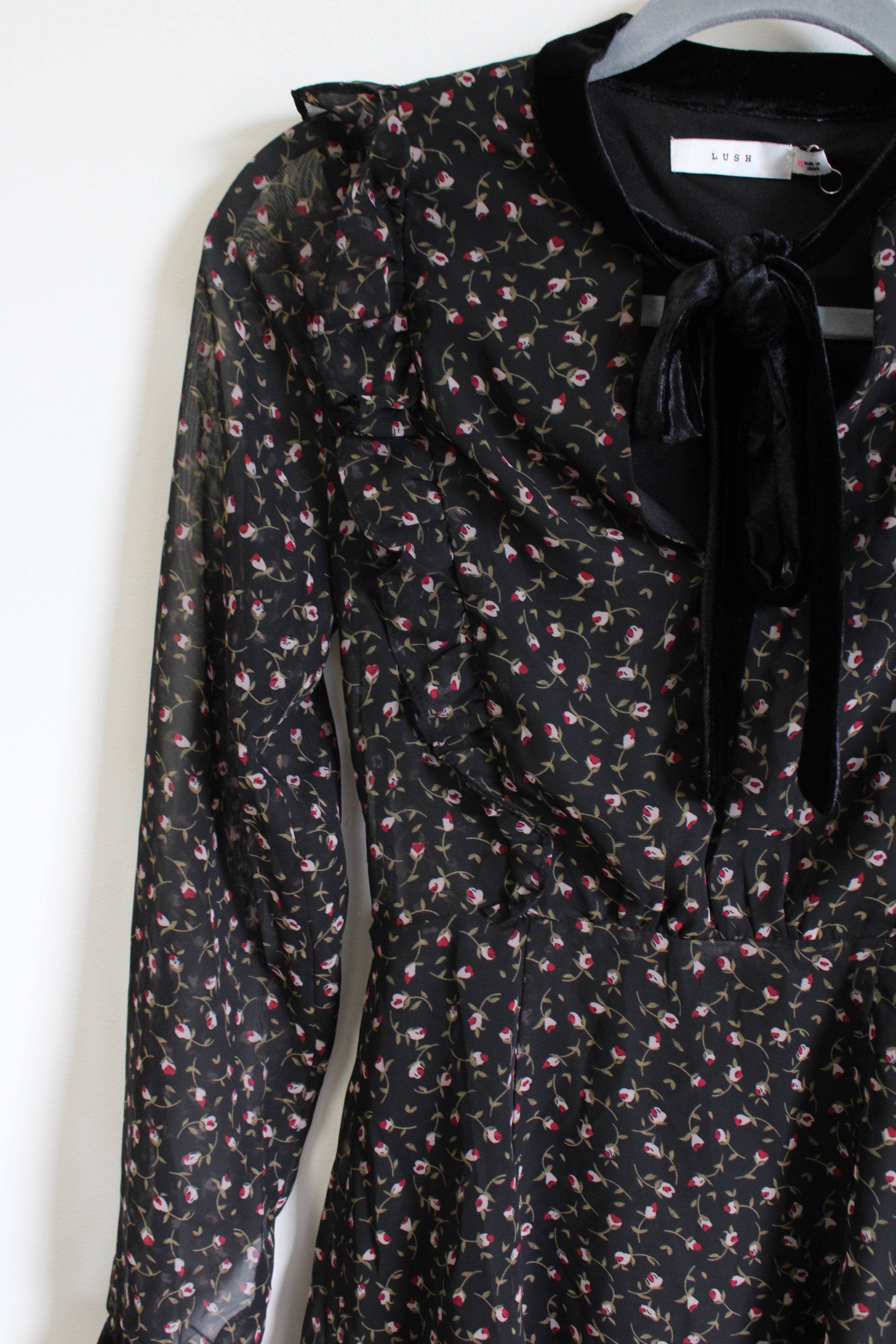 Lush Black Floral Chiffon Mini Dress | XS