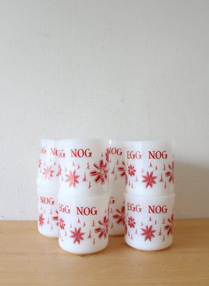 Vintage Fire-King Milk White Glass Red Snowflake Egg Nog Large Bowl & 8 Mug Set