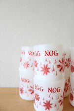 Vintage Fire-King Milk White Glass Red Snowflake Egg Nog Large Bowl & 8 Mug Set