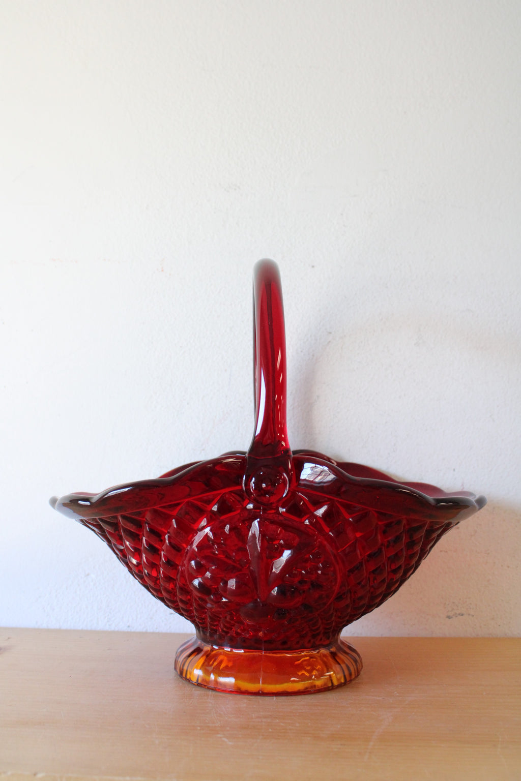 Indiana Glass Vintage Amberina Red Orange Diamond & Fruit Footed Glass Basket