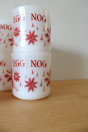 Vintage Fire-King Milk White Glass Red Snowflake Egg Nog Large Bowl & 8 Mug Set