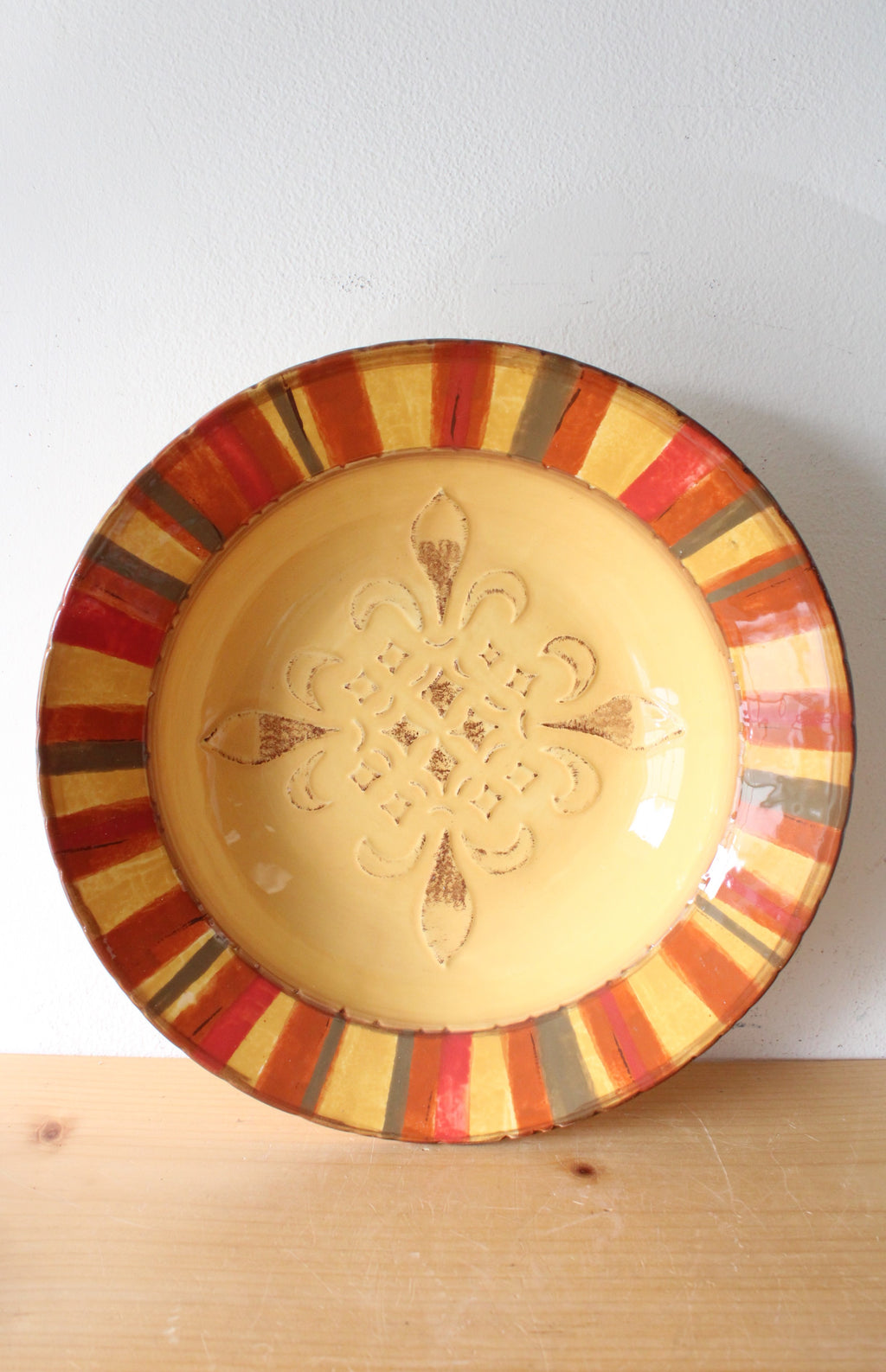 Clay Art Medallion Painted StoneLite Yellow Red Brown Serving Bowl