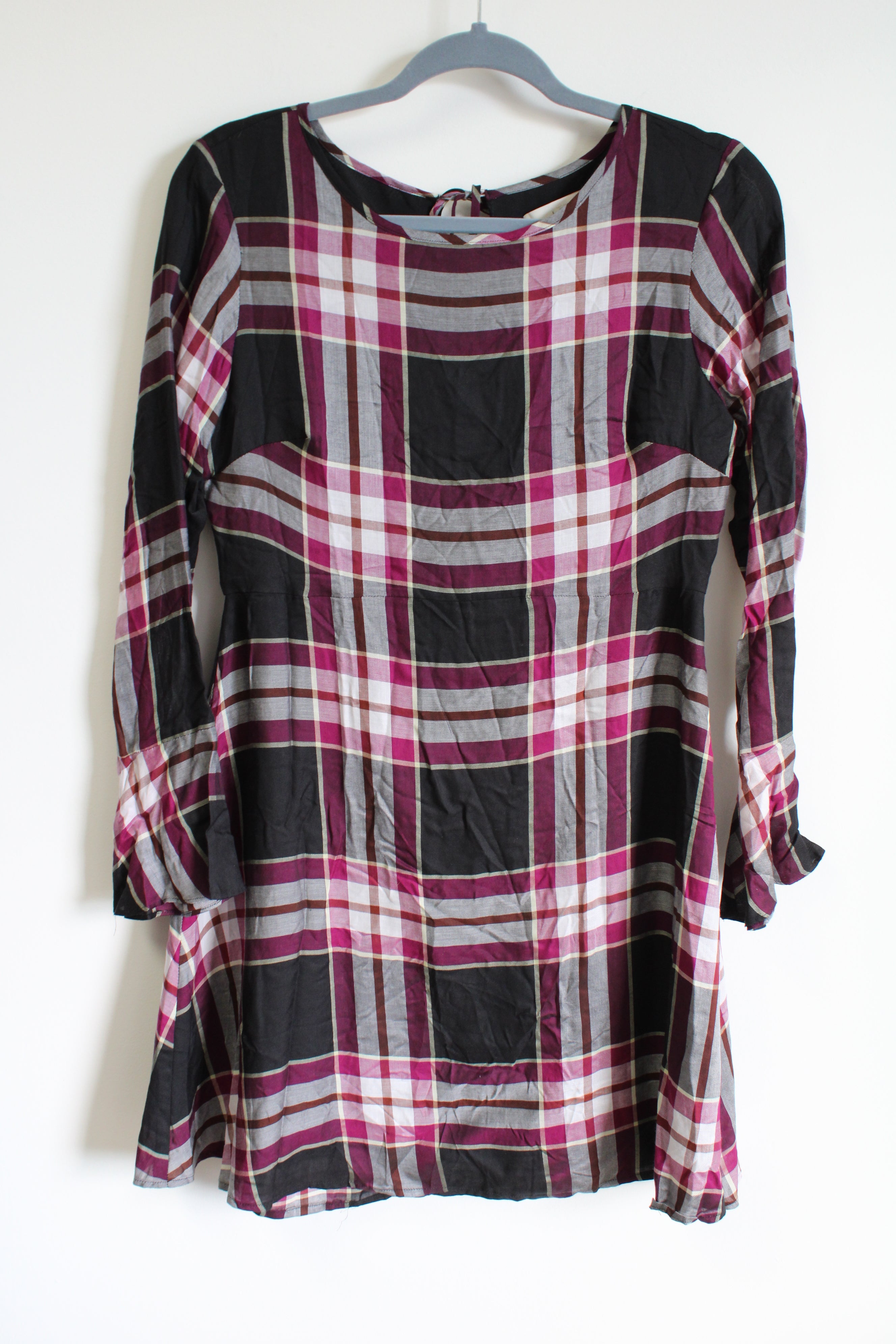 LOFT Flare Sleeve Black Purple Rayon Plaid Dress | 2 Petite