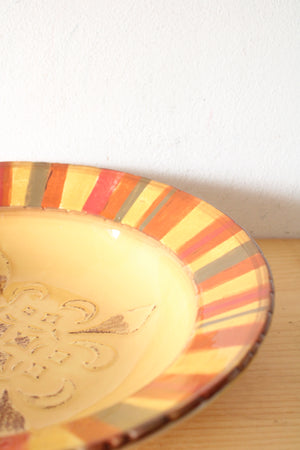 Clay Art Medallion Painted StoneLite Yellow Red Brown Serving Bowl