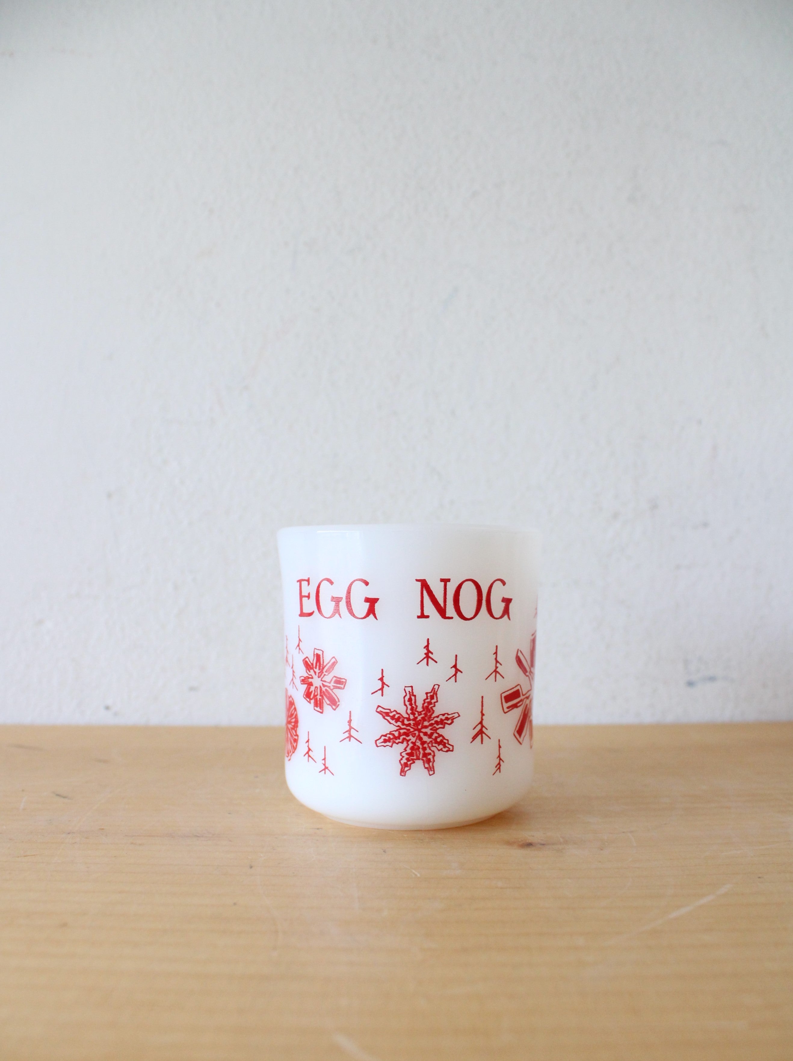 Vintage Fire-King Milk White Glass Red Snowflake Egg Nog Large Bowl & 8 Mug Set