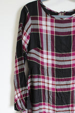 LOFT Flare Sleeve Black Purple Rayon Plaid Dress | 2 Petite