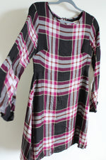 LOFT Flare Sleeve Black Purple Rayon Plaid Dress | 2 Petite