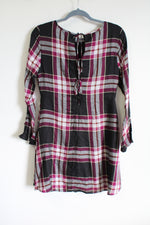 LOFT Flare Sleeve Black Purple Rayon Plaid Dress | 2 Petite