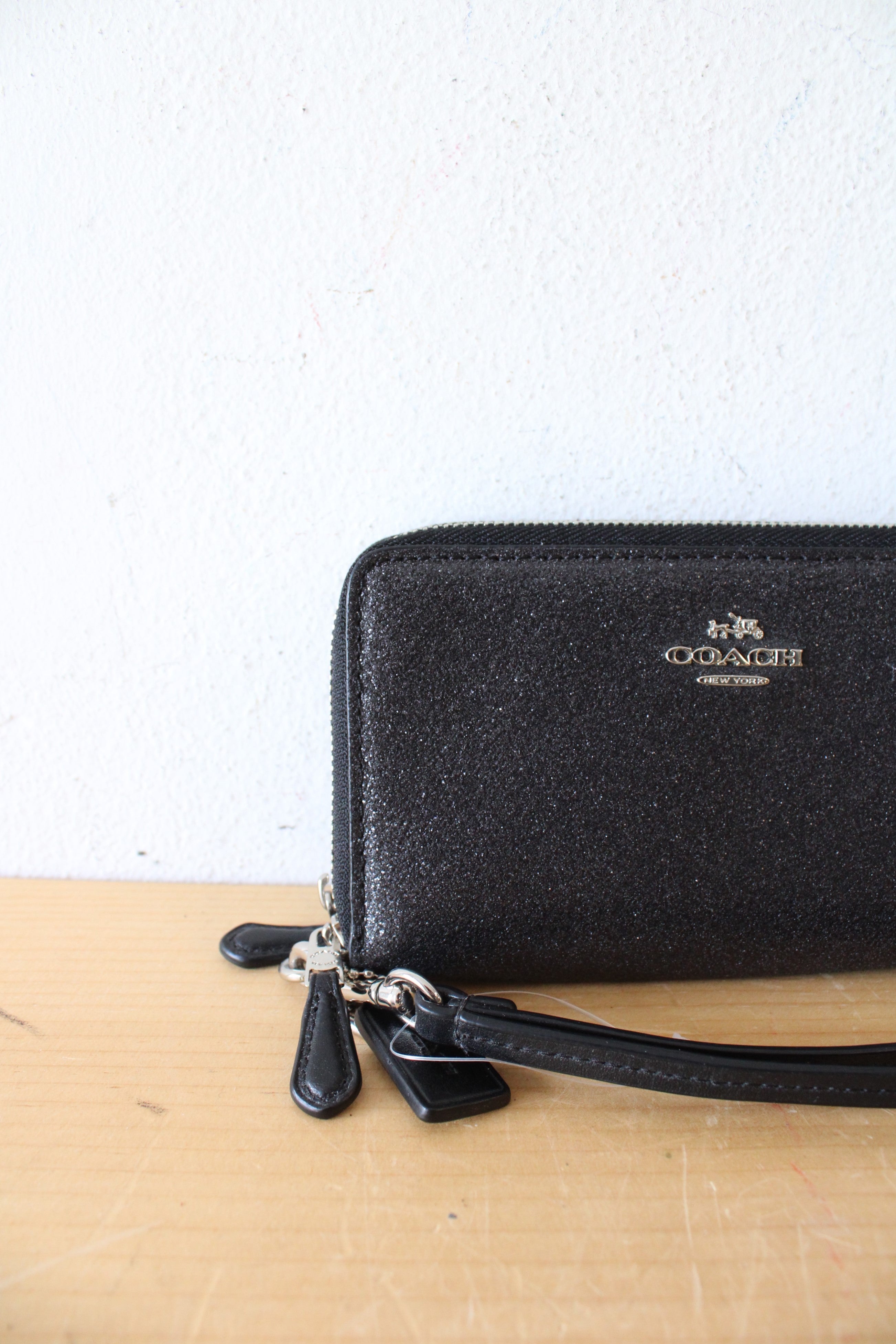 Coach Black Glitter Double Corner Zip Wristlet Wallet