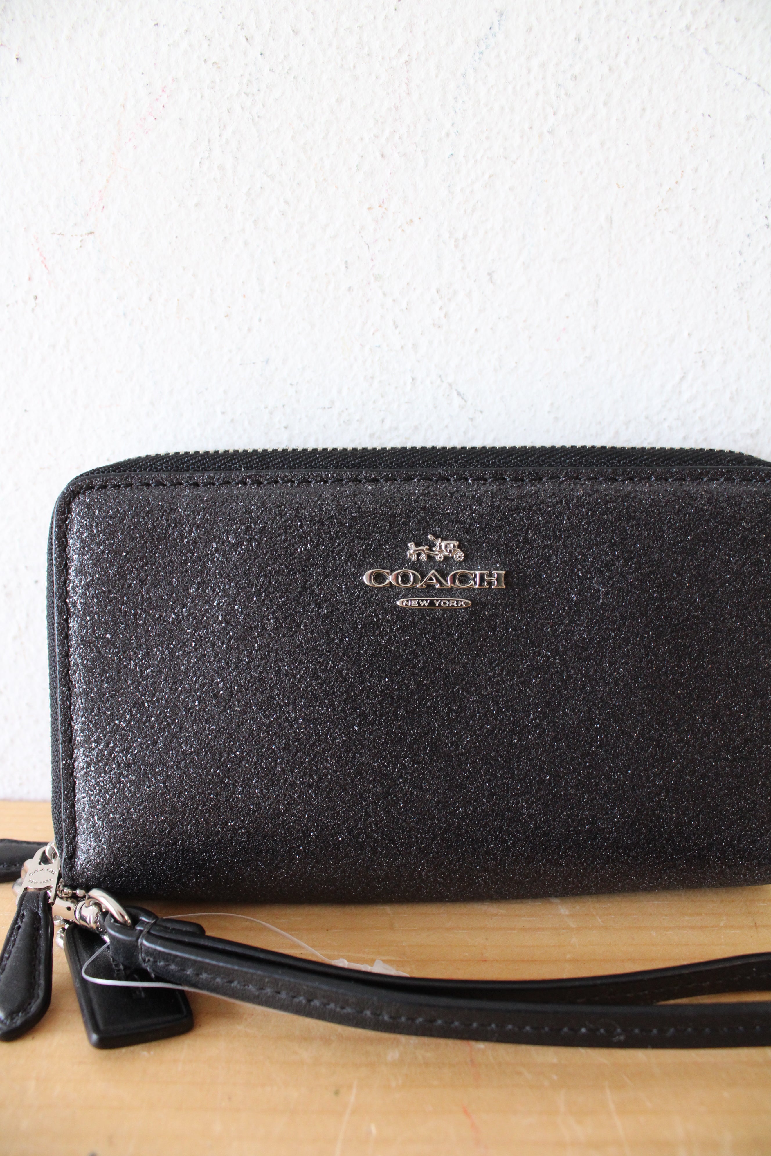 Coach Black Glitter Double Corner Zip Wristlet Wallet