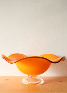 Teleflora Gift Orange Wavy Ruffled Rim Blown Glass Pedestal Dish