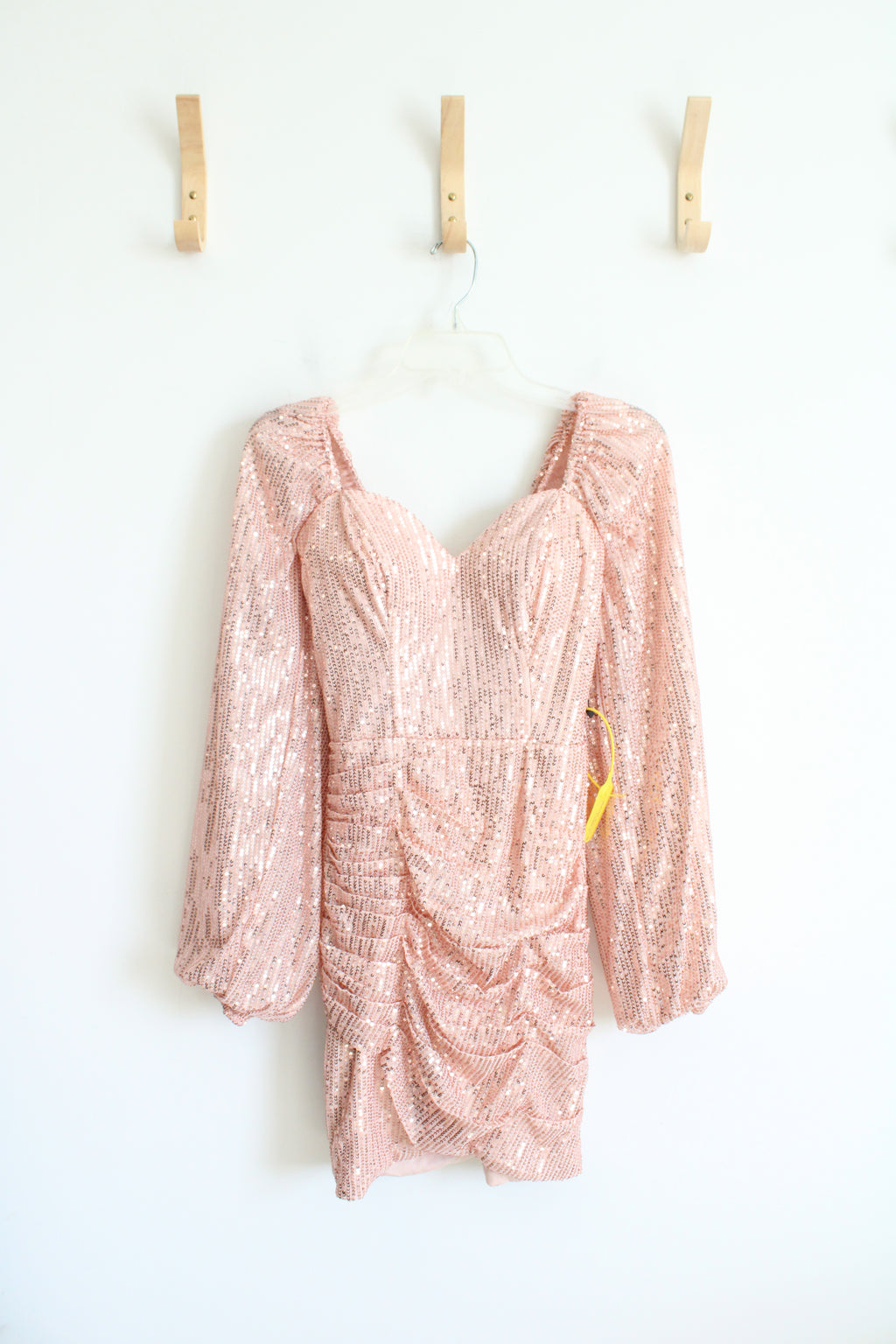 Light Pink Sequined Ruched Long Sleeved Mini Dress | S