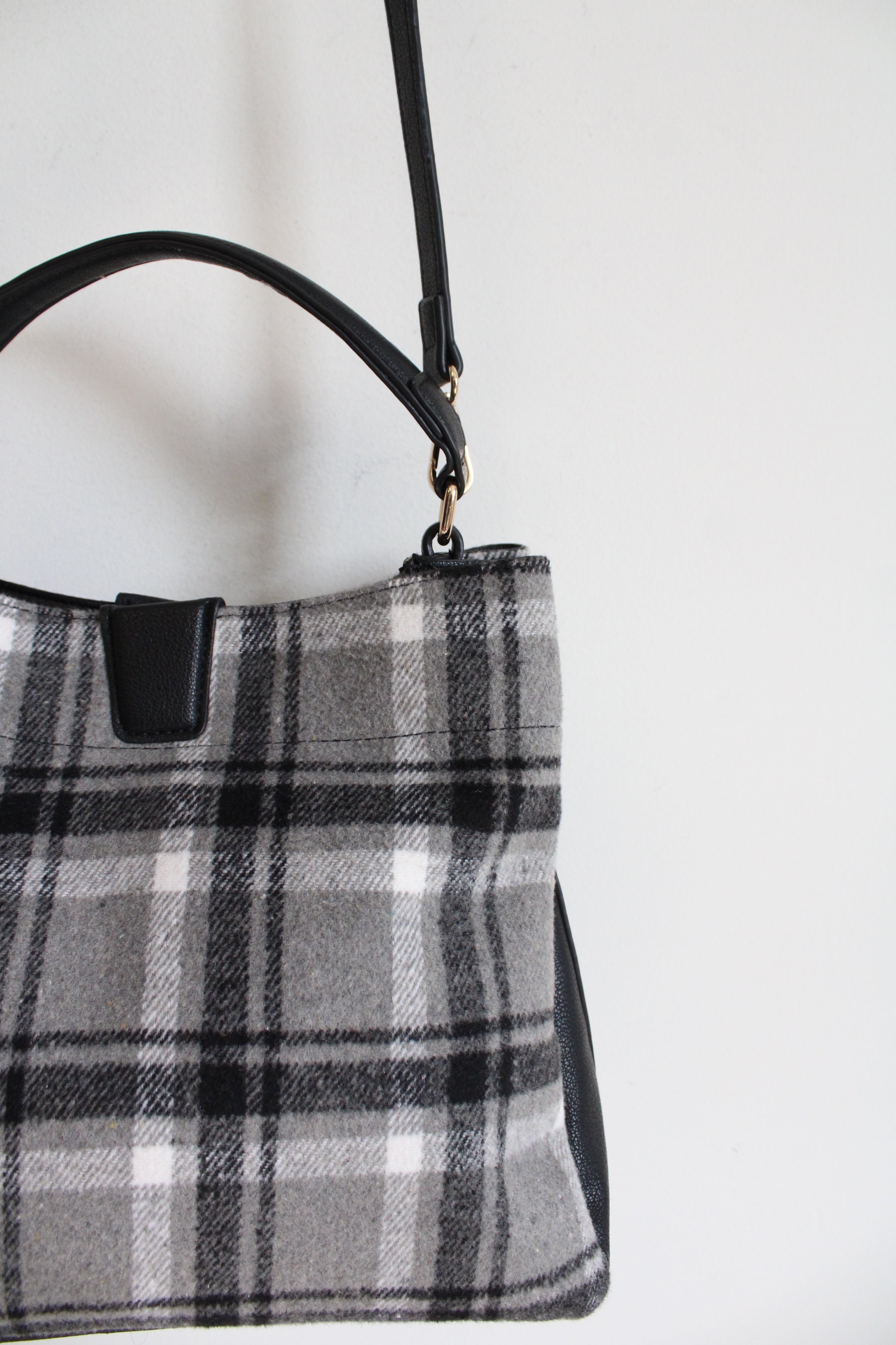 NEW Jen & Co. Gray Black & White Plaid Fabric & Leather Bag