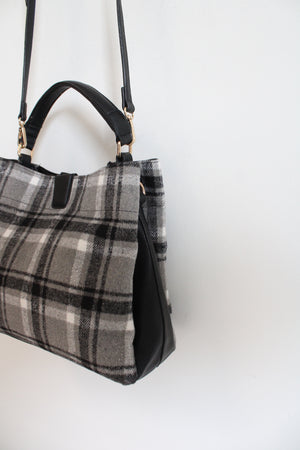 NEW Jen & Co. Gray Black & White Plaid Fabric & Leather Bag