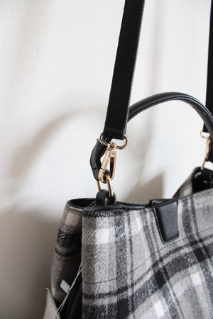 NEW Jen & Co. Gray Black & White Plaid Fabric & Leather Bag