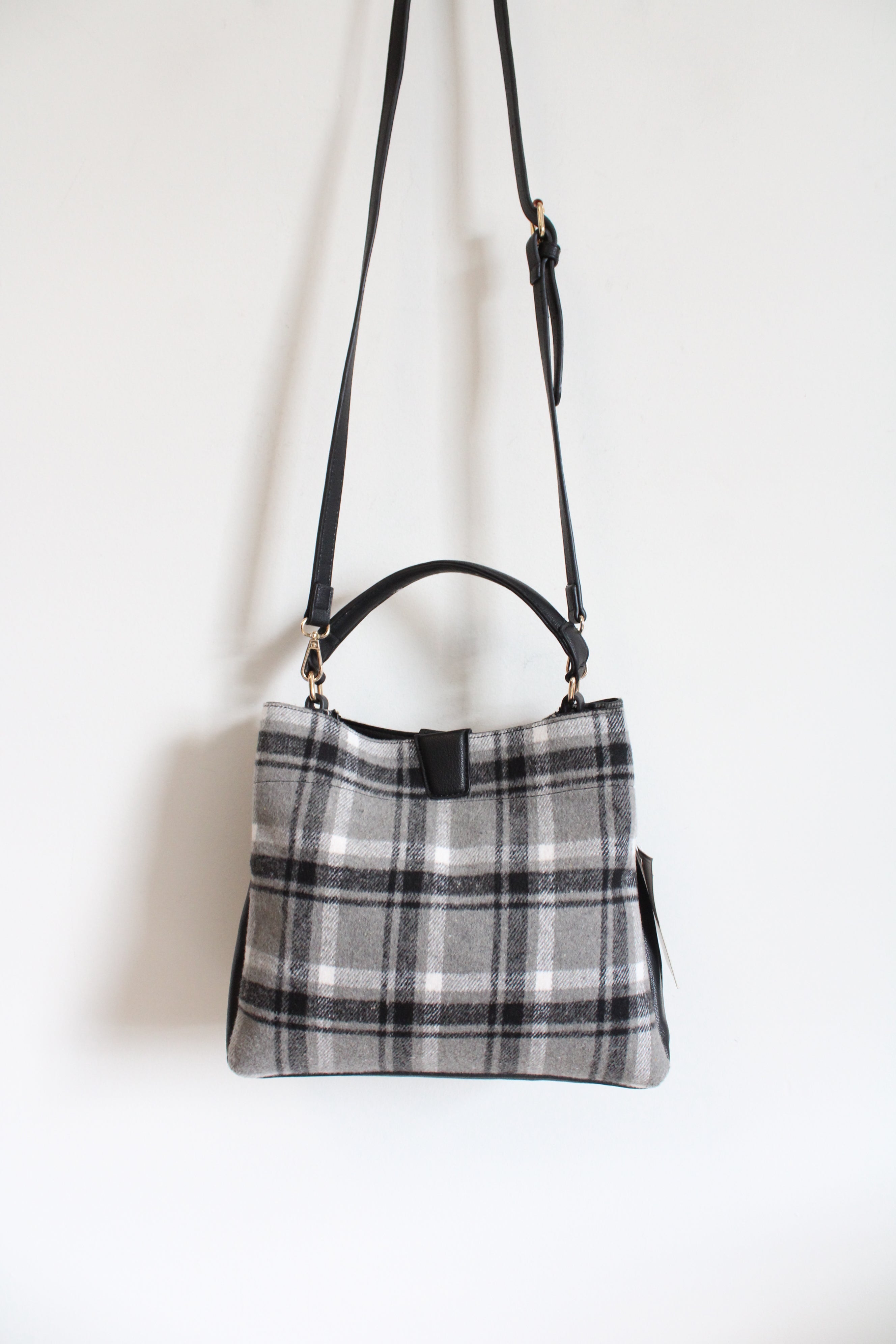 NEW Jen & Co. Gray Black & White Plaid Fabric & Leather Bag