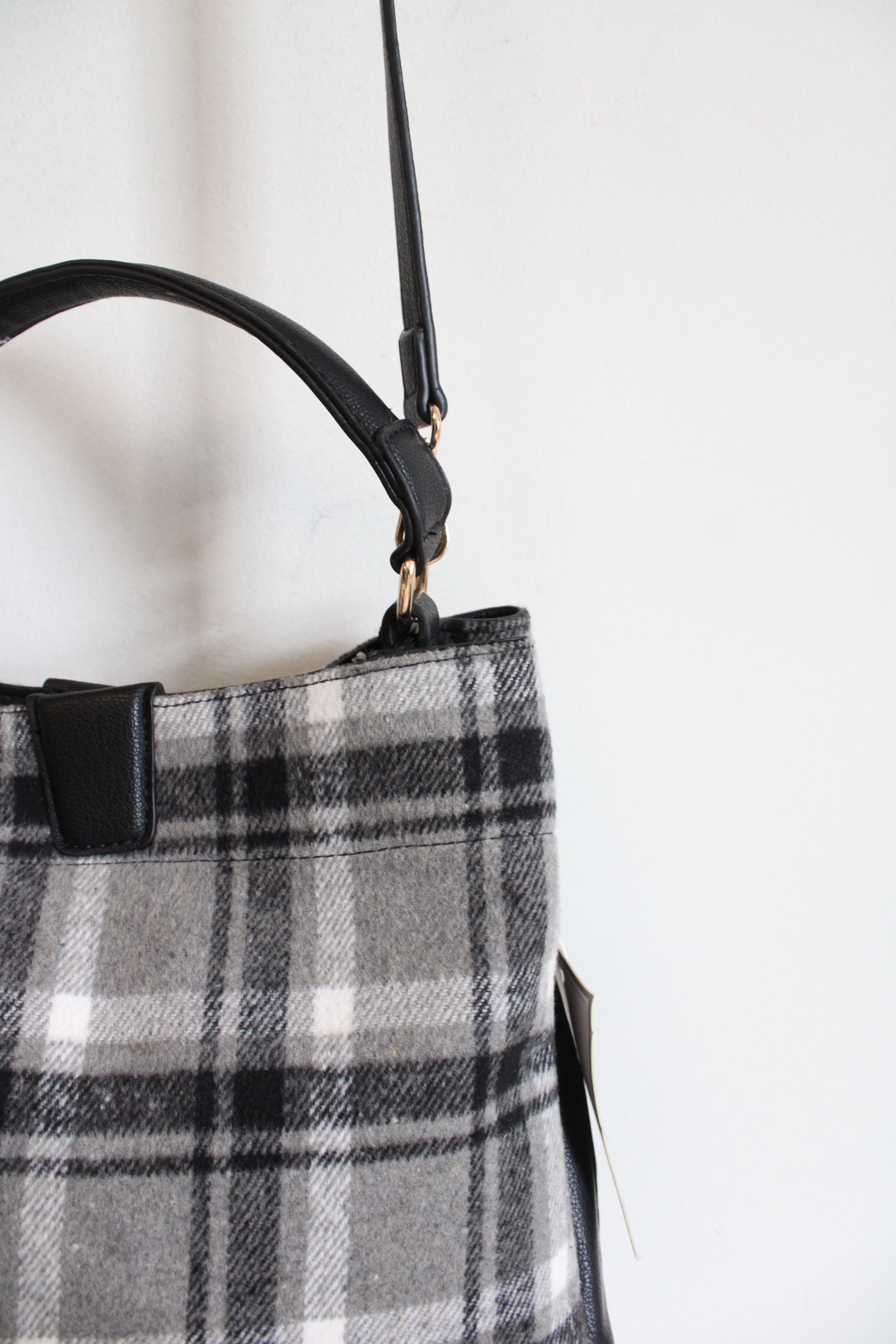 NEW Jen & Co. Gray Black & White Plaid Fabric & Leather Bag