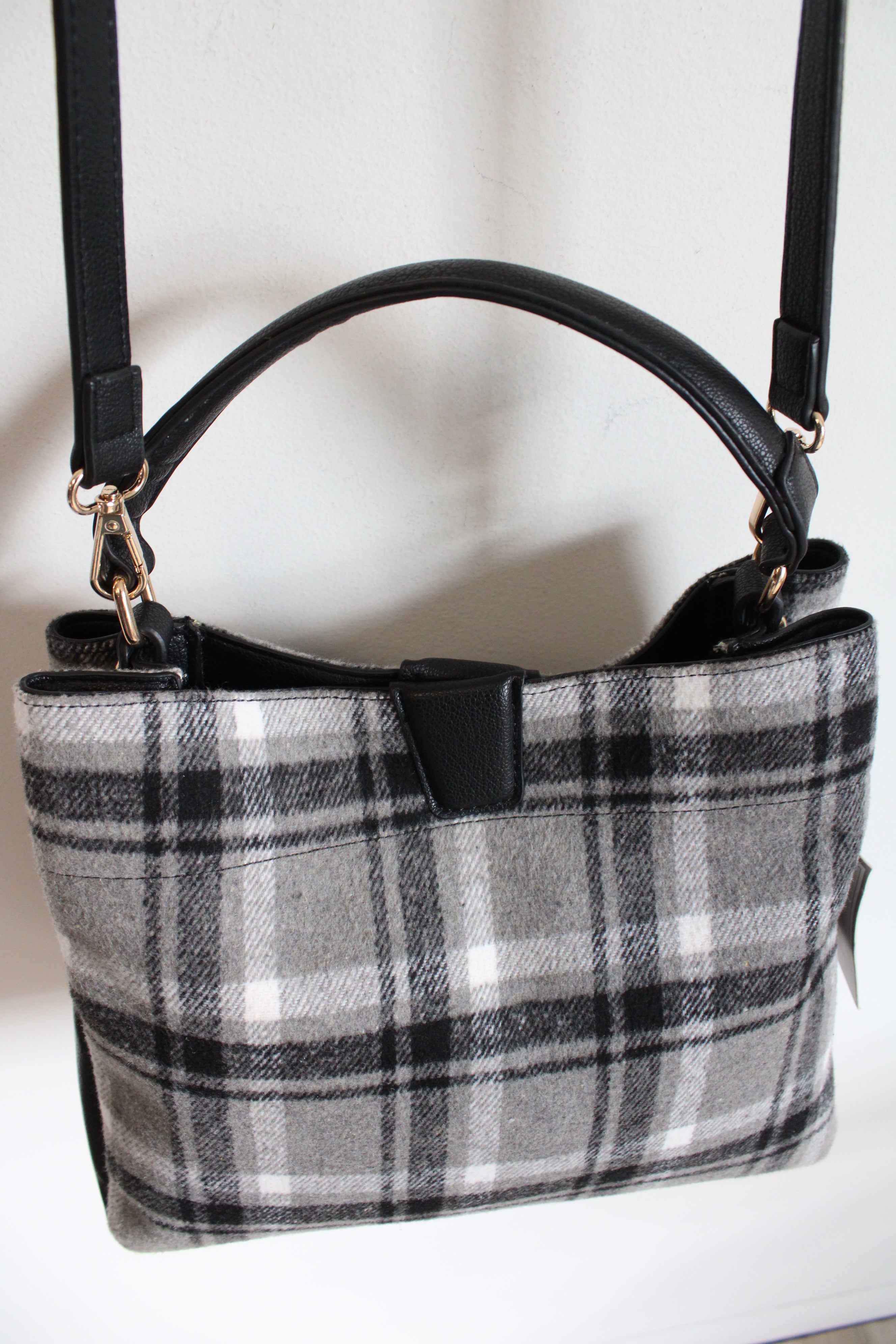 NEW Jen & Co. Gray Black & White Plaid Fabric & Leather Bag