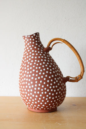 Zeuthen, Denmark Brown Porcelain Spotted Rattan Handle Pitcher Vase