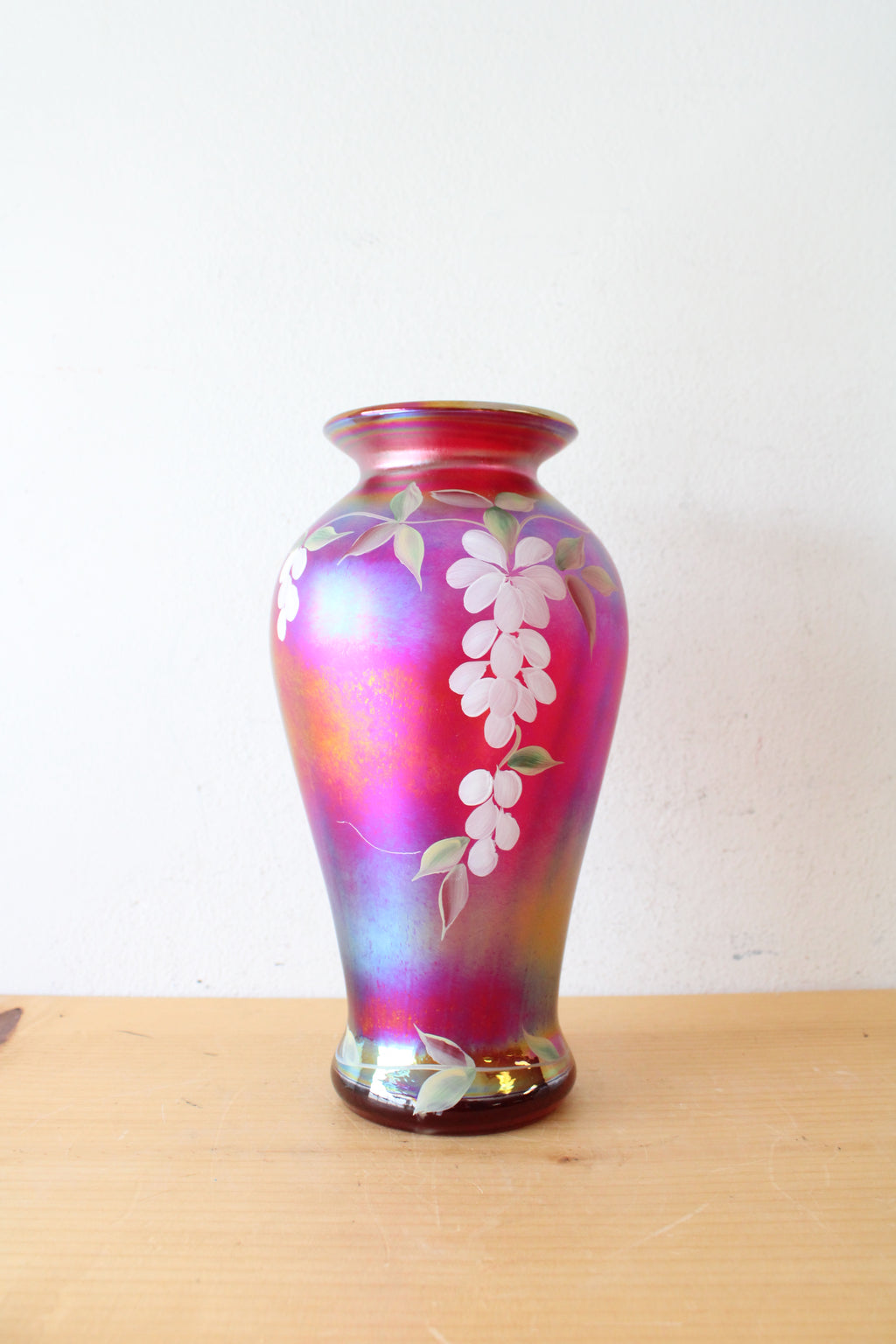 Fenton Heirloom Optics Collection Hand Painted Pink Iridescent Vase