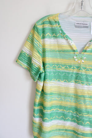 Alfred Dunner Green & Yellow Striped Top | L Petite