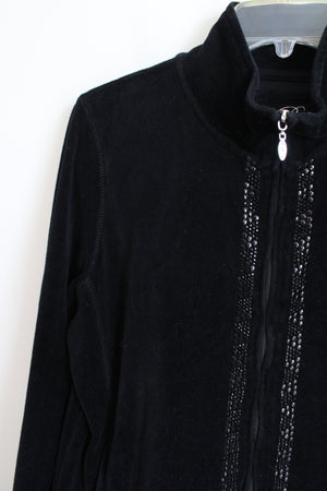 Onque Petite Black Bedazzled Velvet Zip-Up Jacket | L Petite