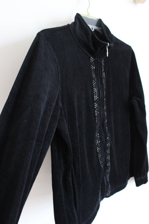 Onque Petite Black Bedazzled Velvet Zip-Up Jacket | L Petite