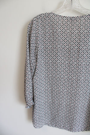 LOFT Gray & Red Patterned White Long Sleeved Top | S Petite