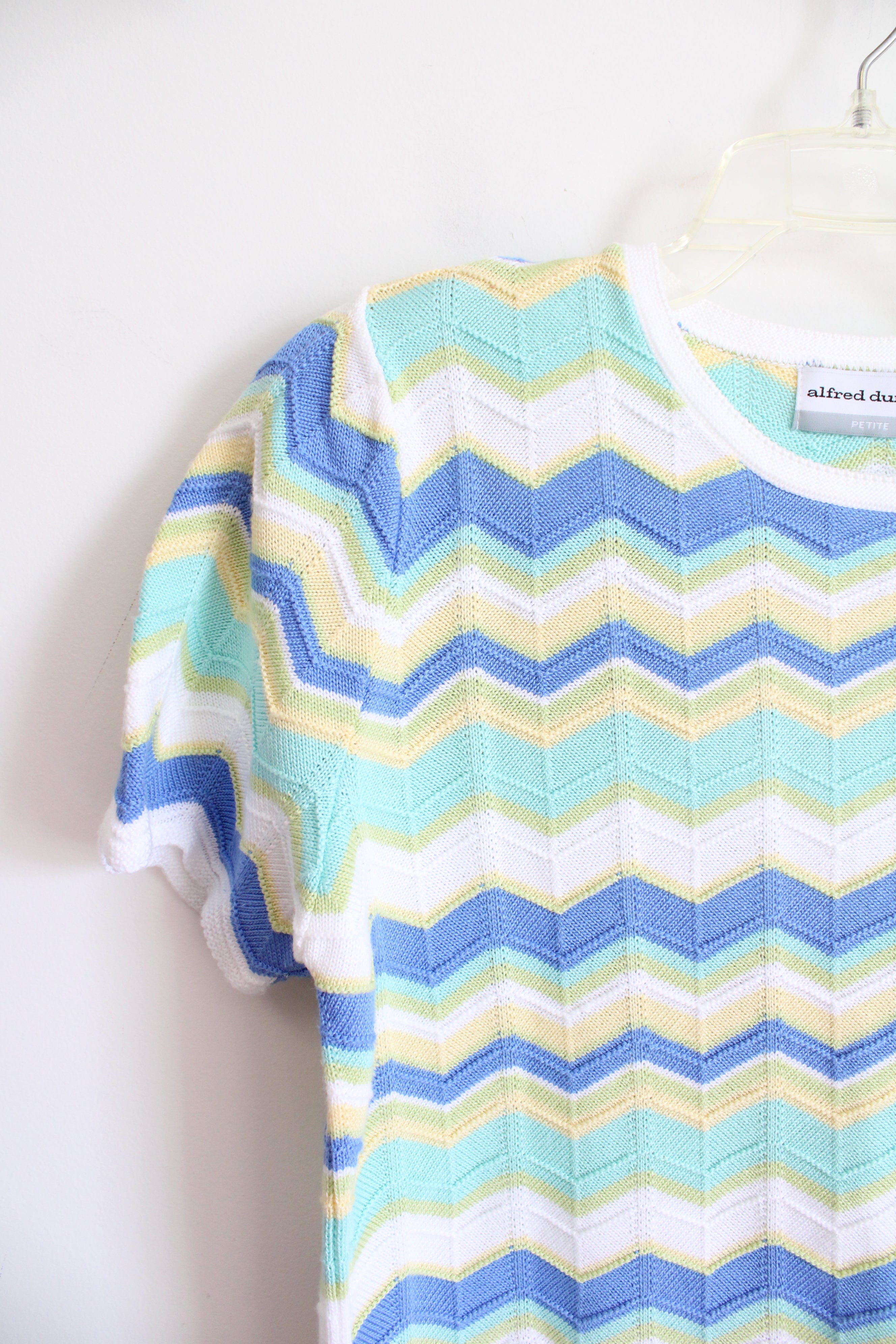 Alfred Dunner Green Yellow & Blue Chevron White Sweater Top | L Petite