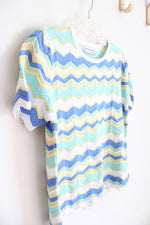 Alfred Dunner Green Yellow & Blue Chevron White Sweater Top | L Petite