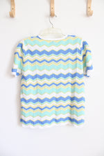 Alfred Dunner Green Yellow & Blue Chevron White Sweater Top | L Petite