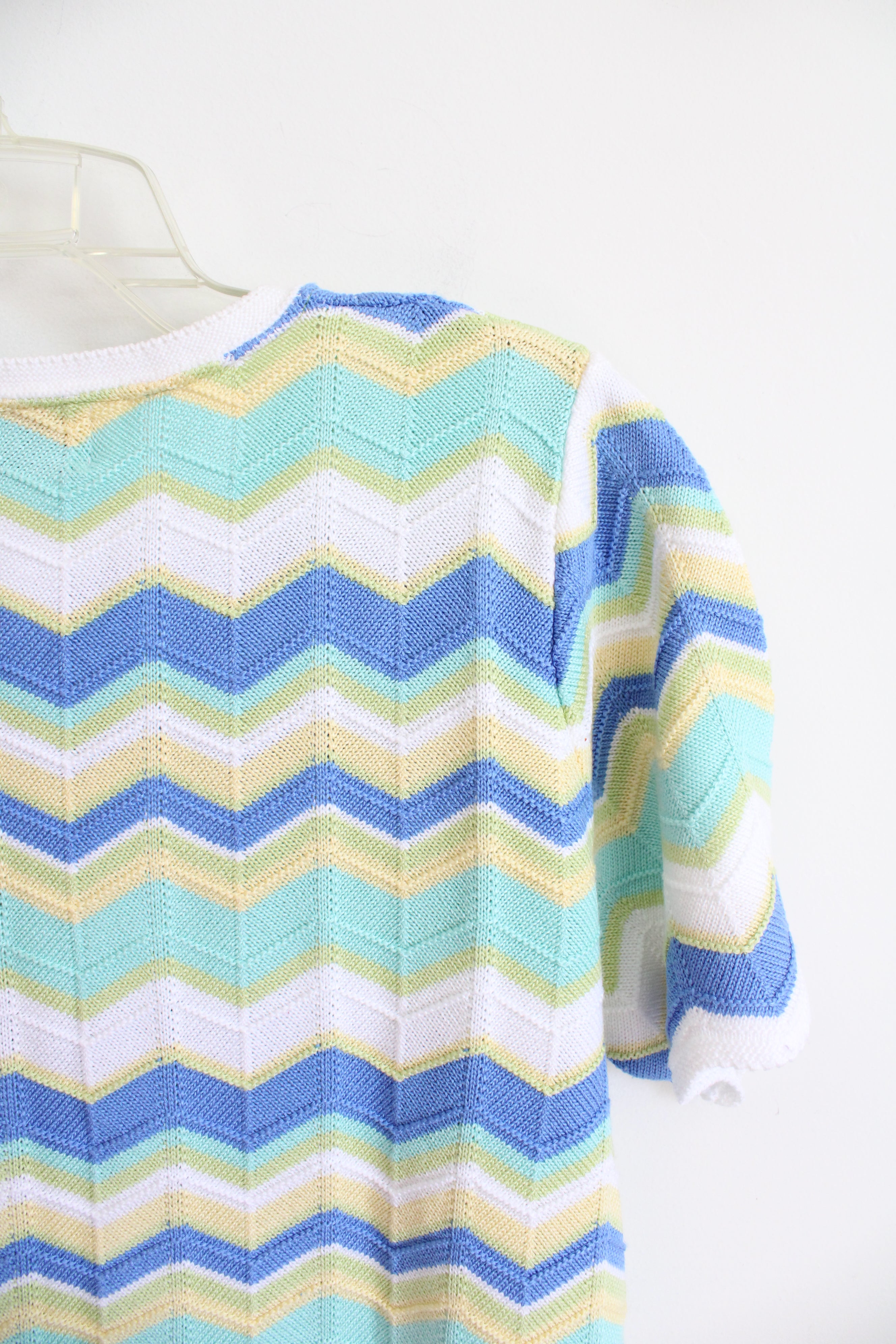 Alfred Dunner Green Yellow & Blue Chevron White Sweater Top | L Petite