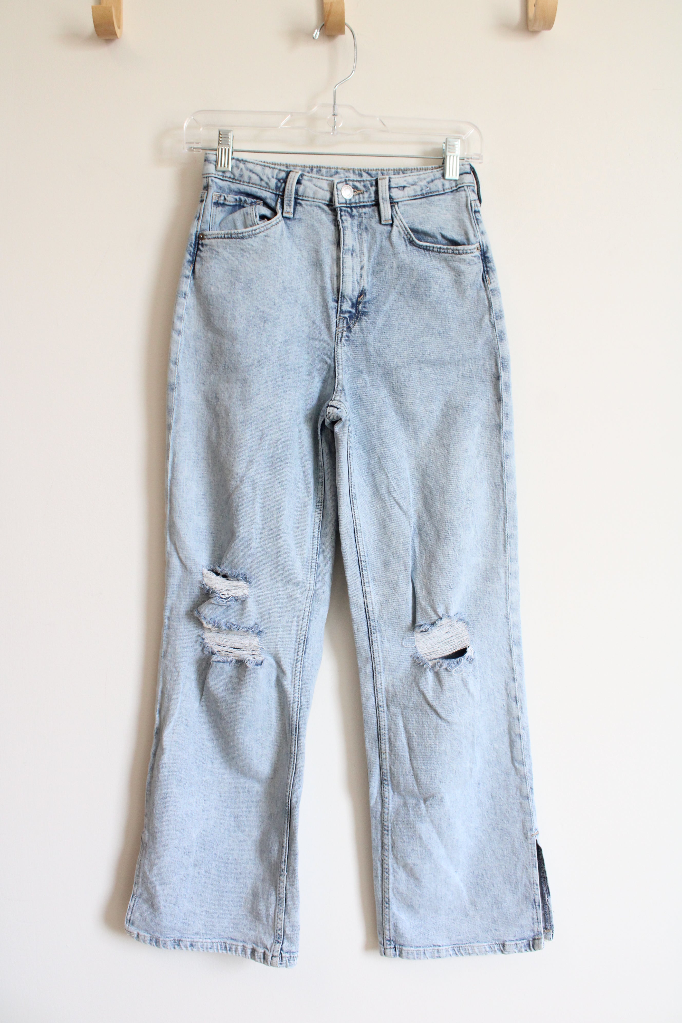 H&M High Waisted Wide Leg Distressed Light Wash Jeans | Youth 14