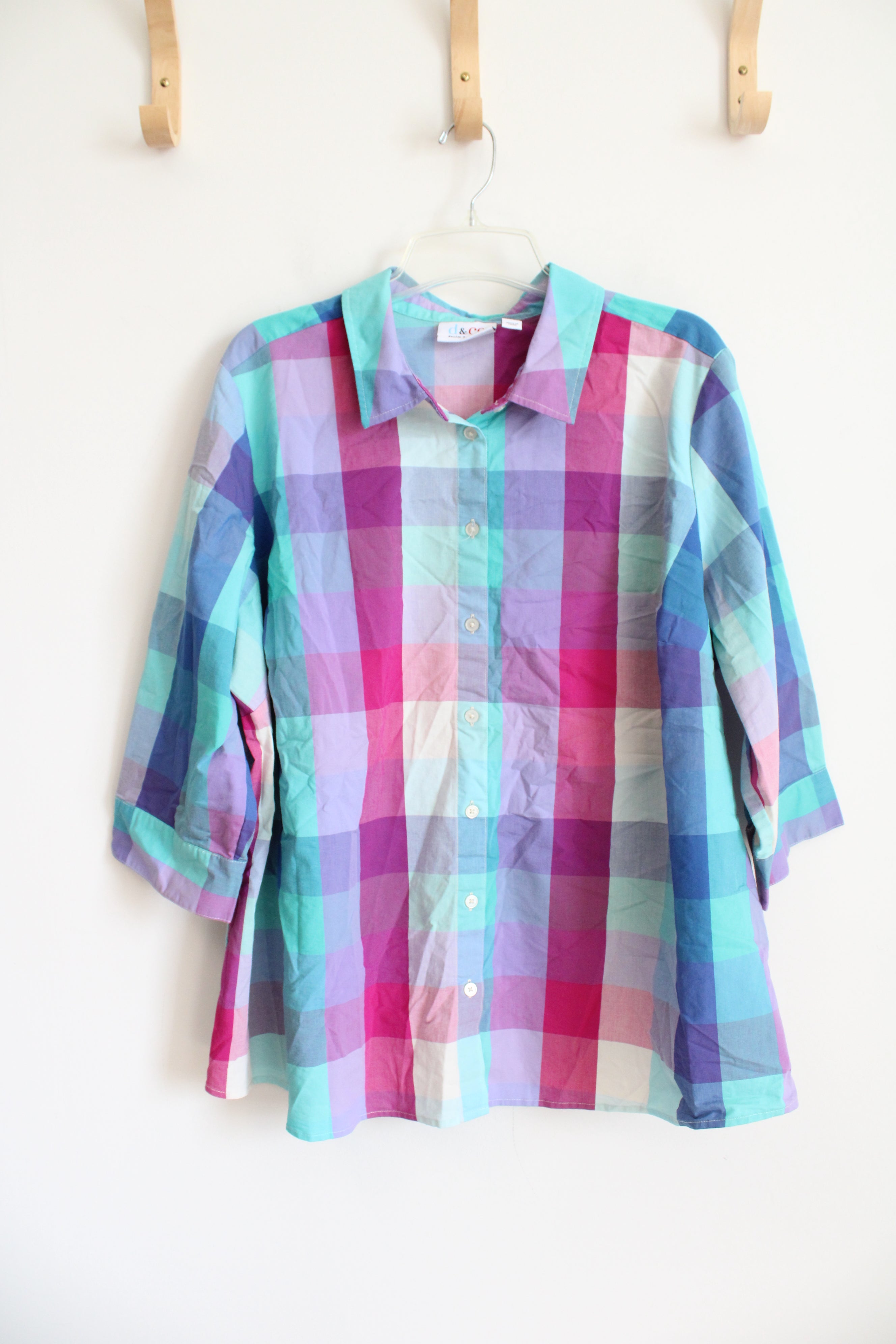 Denim & Co. Pink & Blue Plaid Button Down Top | 2X