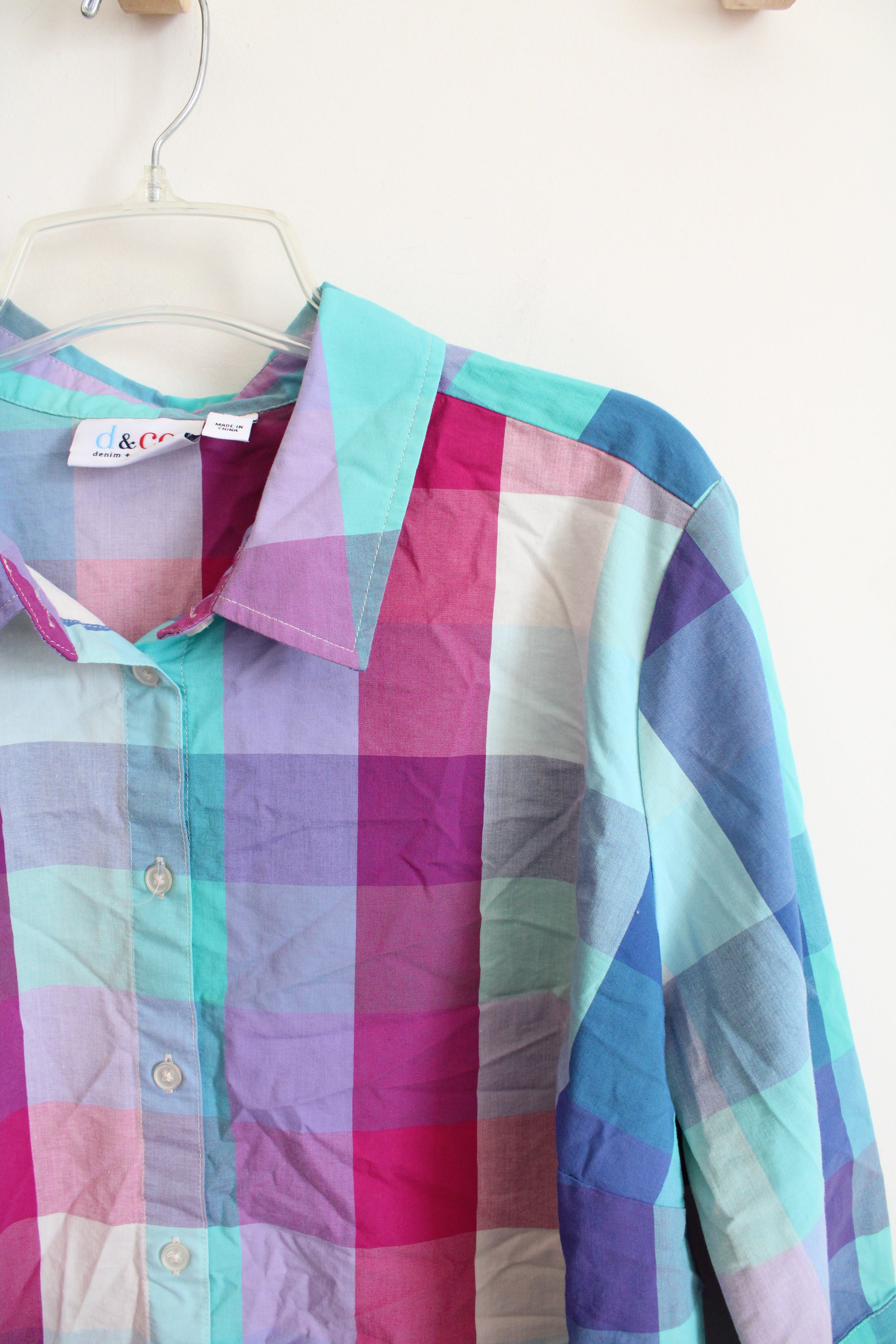 Denim & Co. Pink & Blue Plaid Button Down Top | 2X