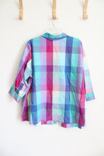 Denim & Co. Pink & Blue Plaid Button Down Top | 2X