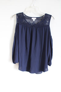 Westport Dark Navy Blue Chiffon Cold Shoulder Blouse | L Petite