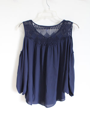 Westport Dark Navy Blue Chiffon Cold Shoulder Blouse | L Petite