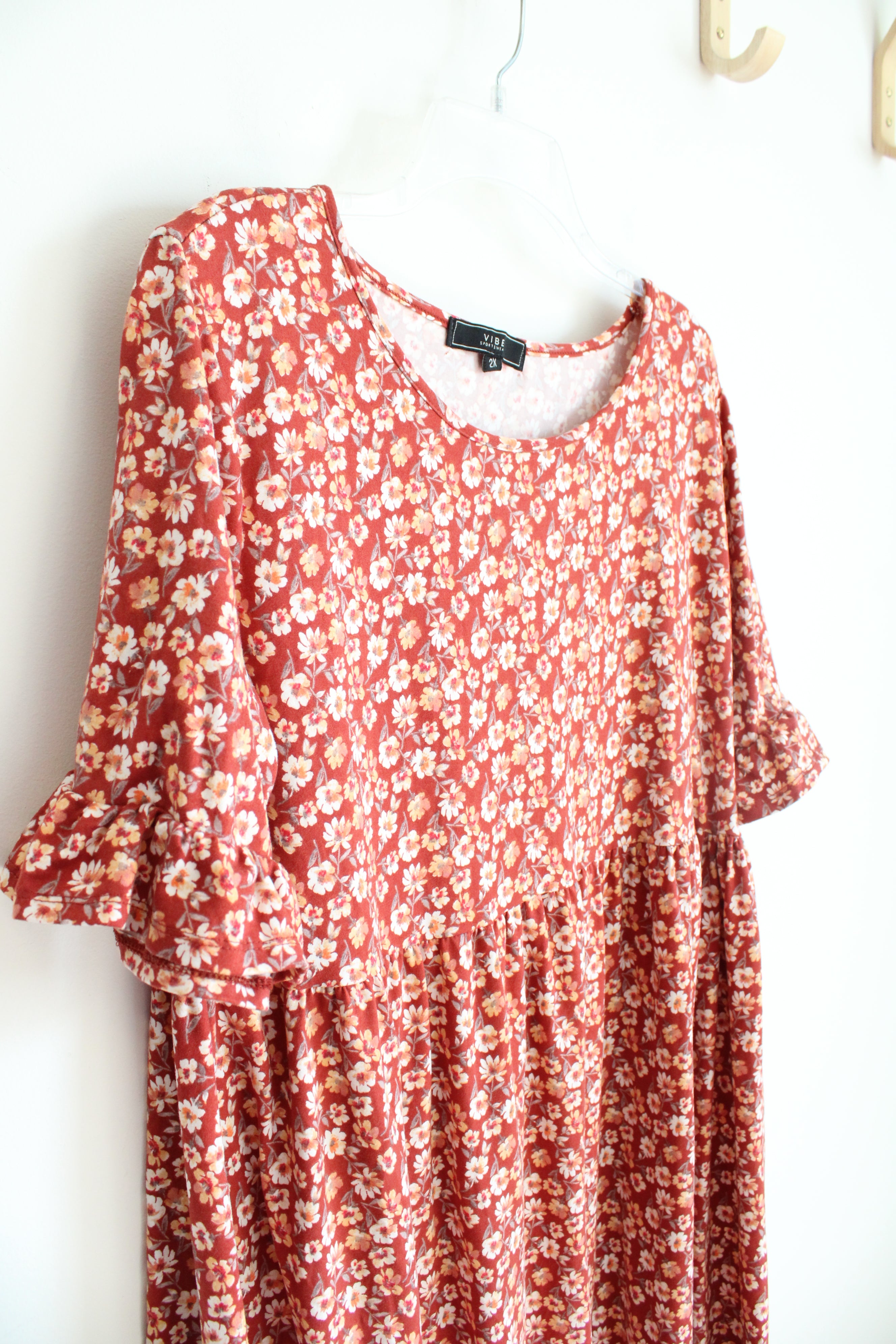 Vibe Sportswear Terracotta Orange Floral Ruffled Sleeve Dress | 2X